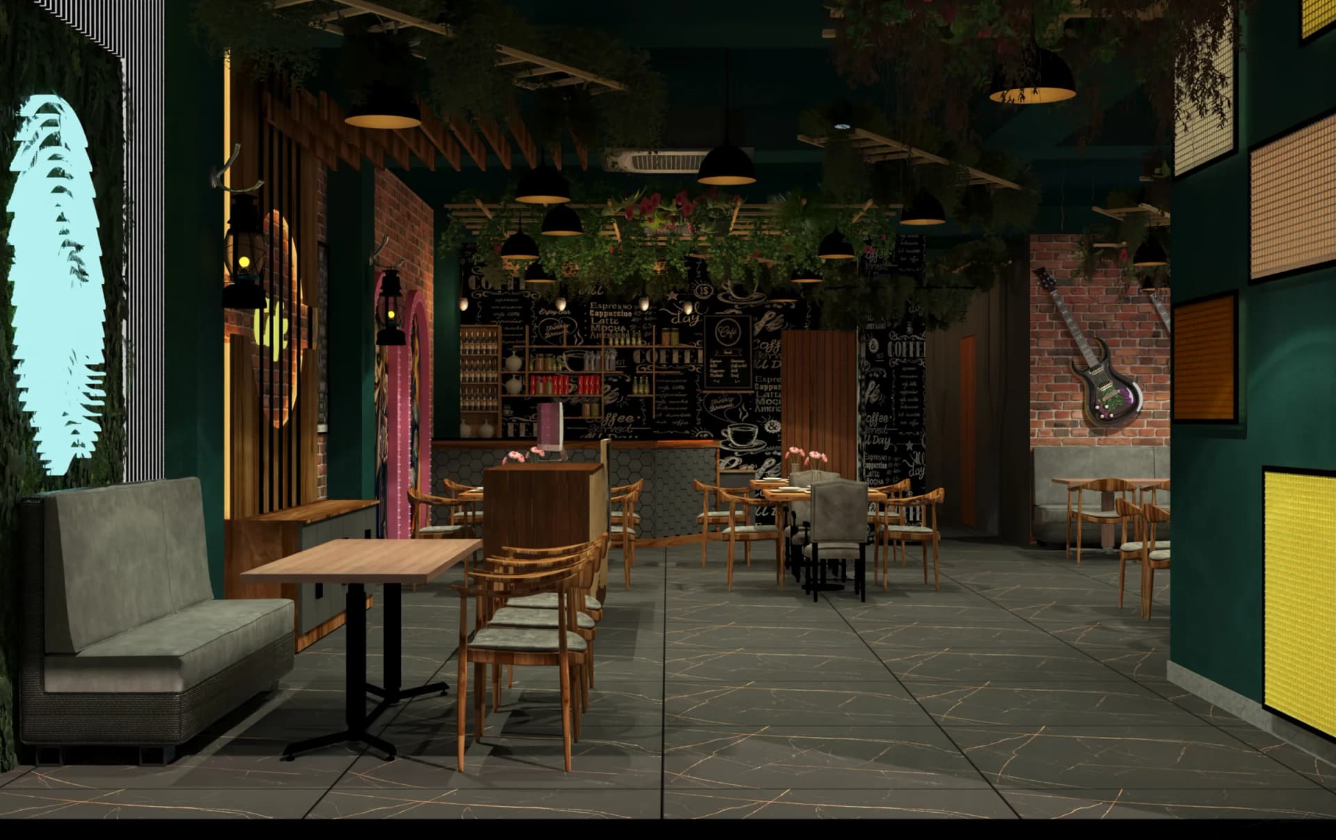 Restaurant and cafe interior design reference with booth seating and pendant lights