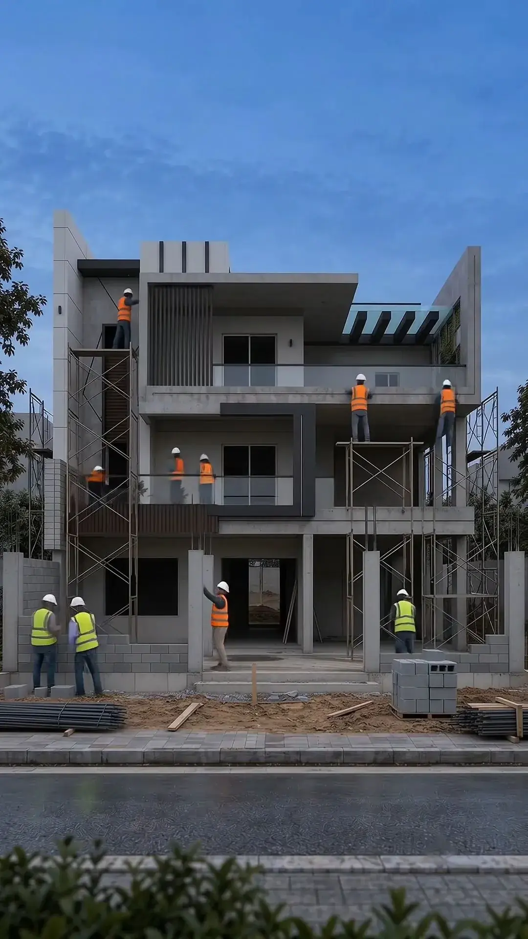 House with scaffolding around its upper floors and workers building the frame