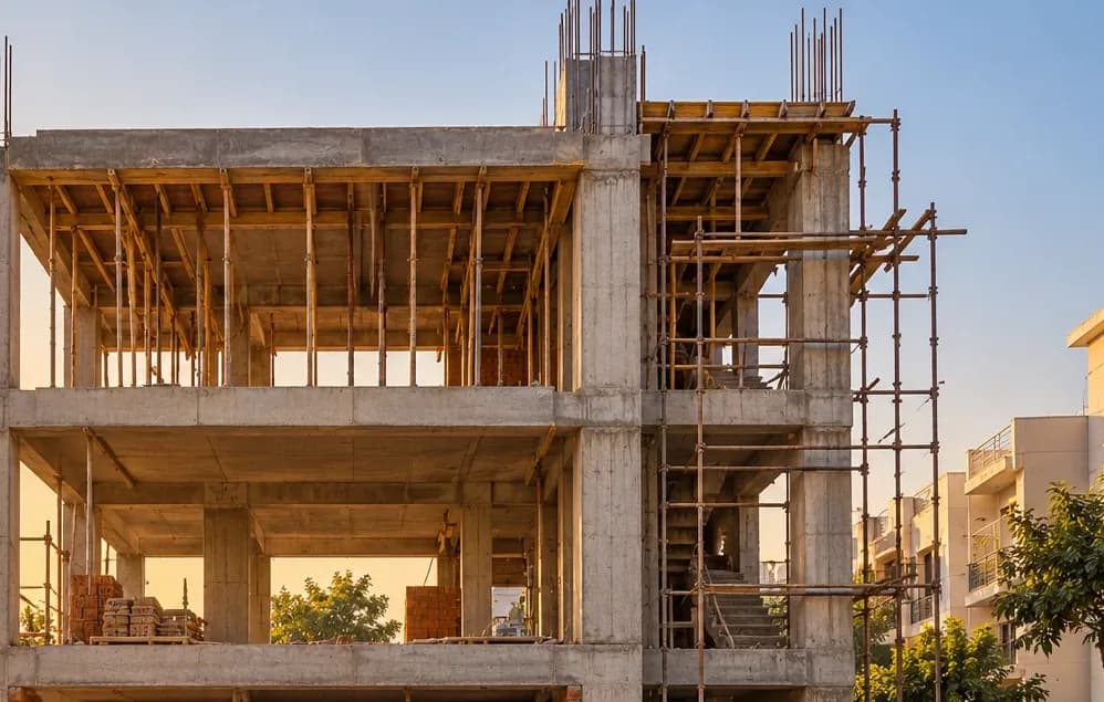 Roof slab of a house under construction with column reinforcement bars and scaffolding