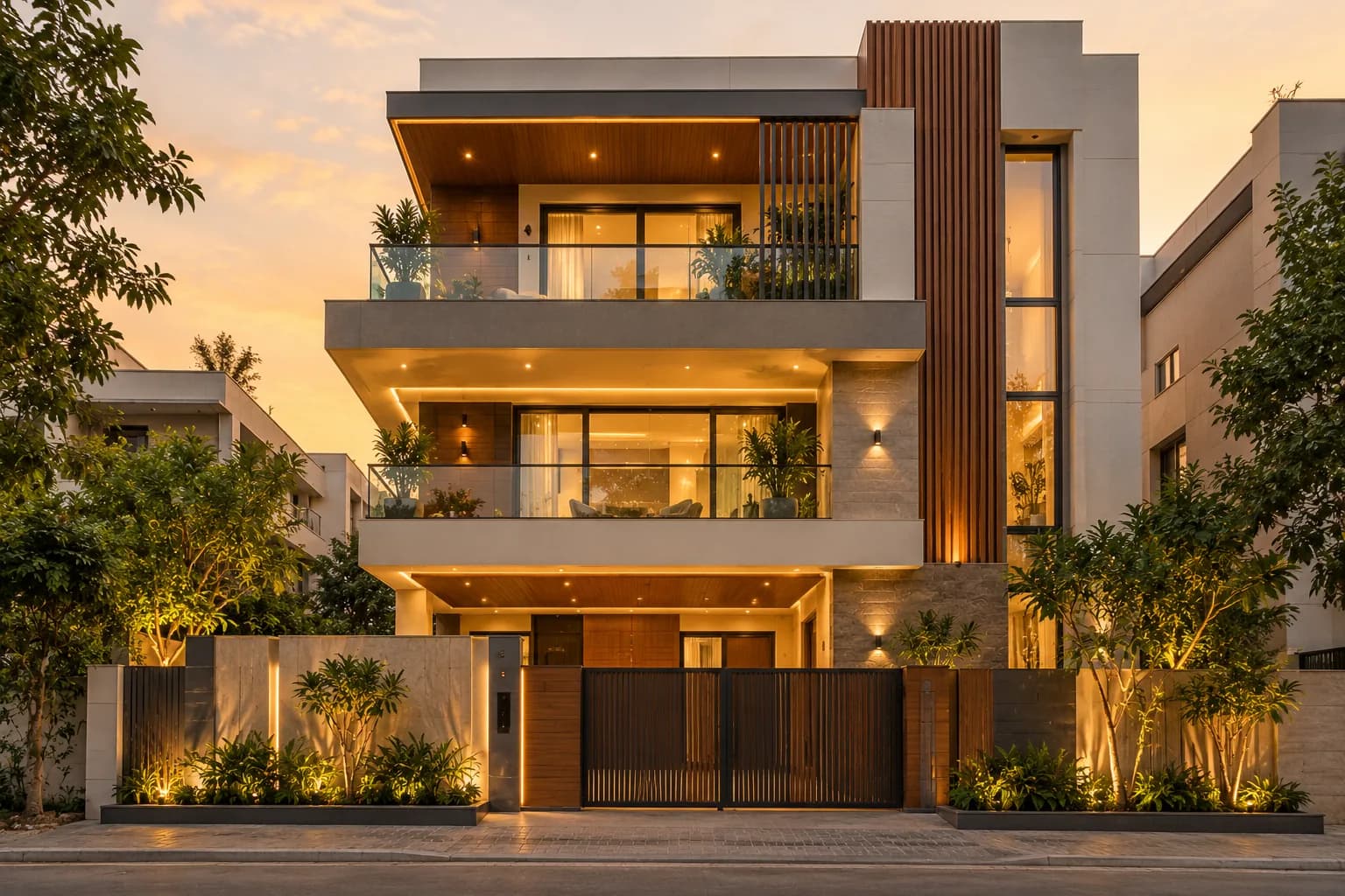 Modern two-storey house with timber-slatted facade, large glazing and a landscaped front at dusk
