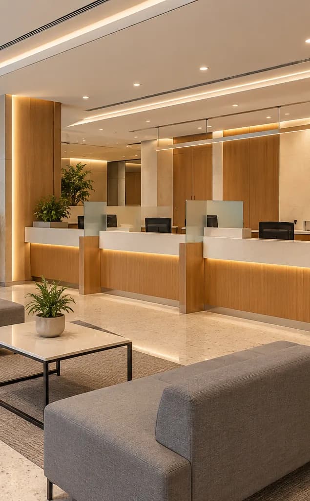 Bank branch interior with oak service counters, a grey waiting lounge, terrazzo floor and an orange accent wall