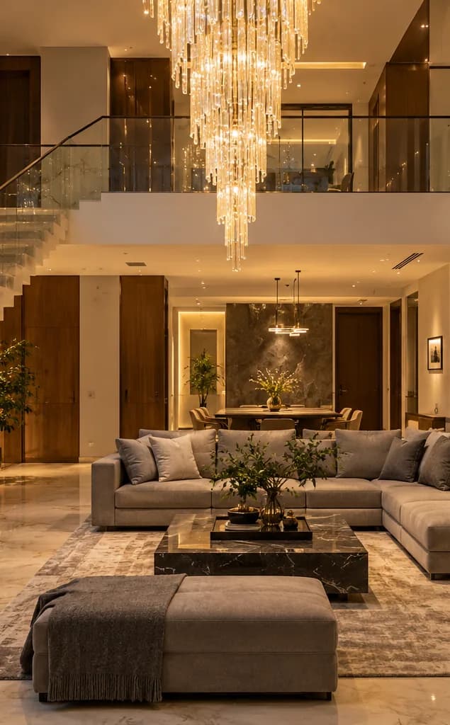 Double-height living room with a crystal chandelier, a glass-railed floating staircase and a grey sectional sofa