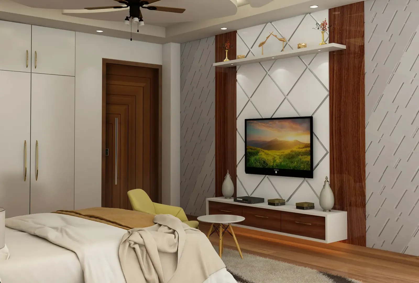 Bedroom with a diamond-panelled TV wall, walnut cladding, white wardrobes and a yellow accent chair
