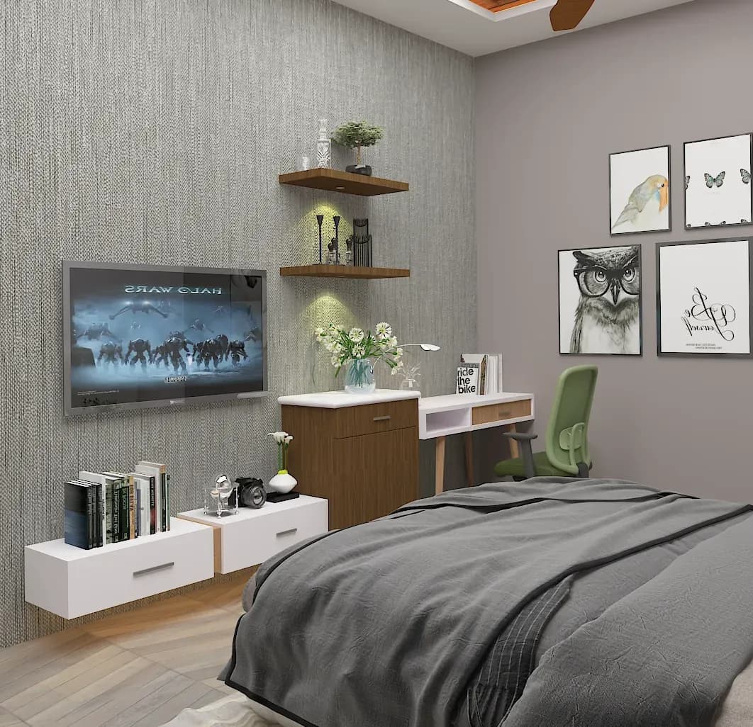 Guest room with grey bedding, a wood headboard wall and a cove-lit ceiling