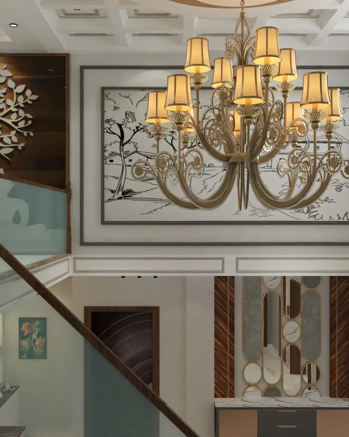 Staircase void with a tiered chandelier in front of a framed line-art wall