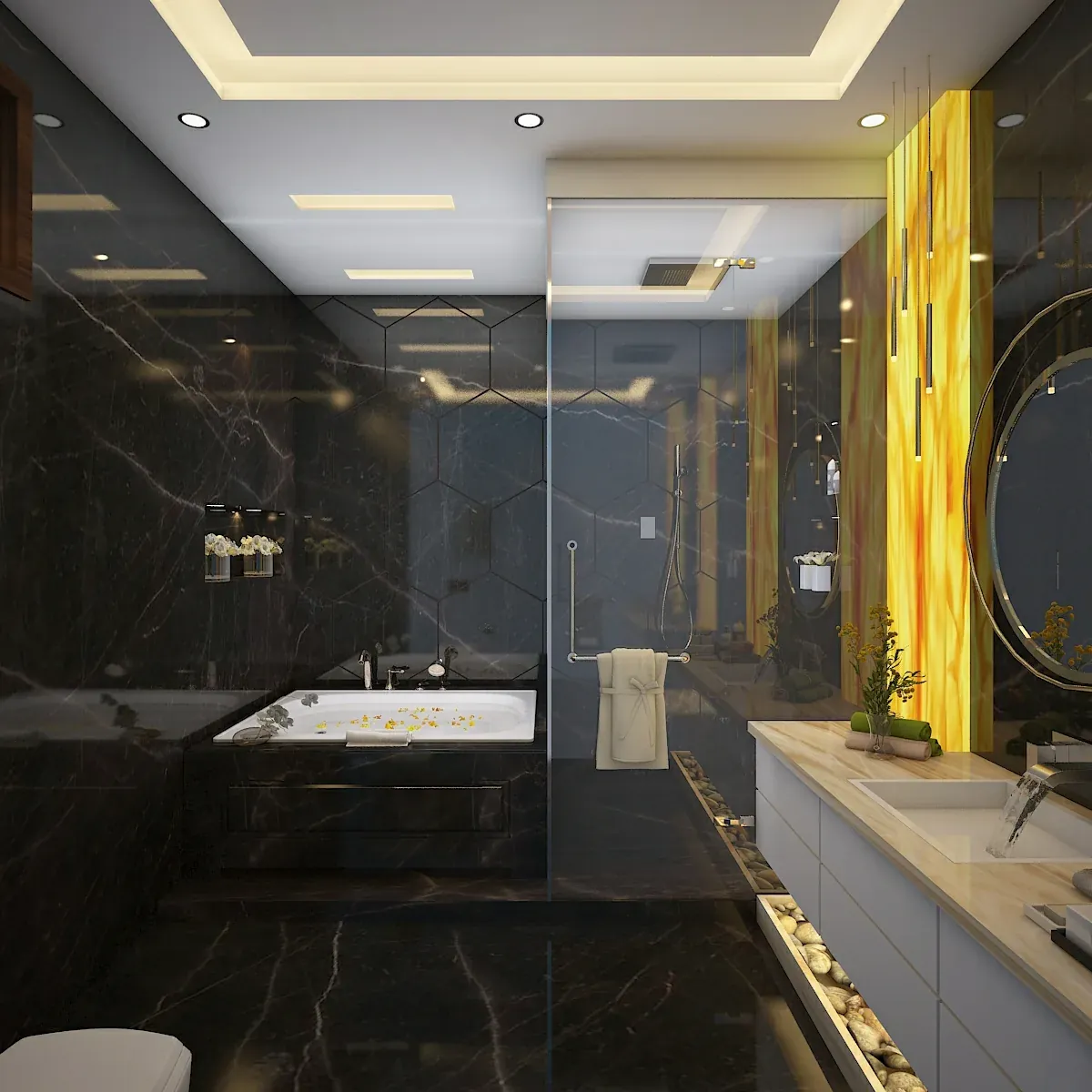 Bathroom in black marble with a built-in bathtub, a glass shower partition and a backlit onyx panel