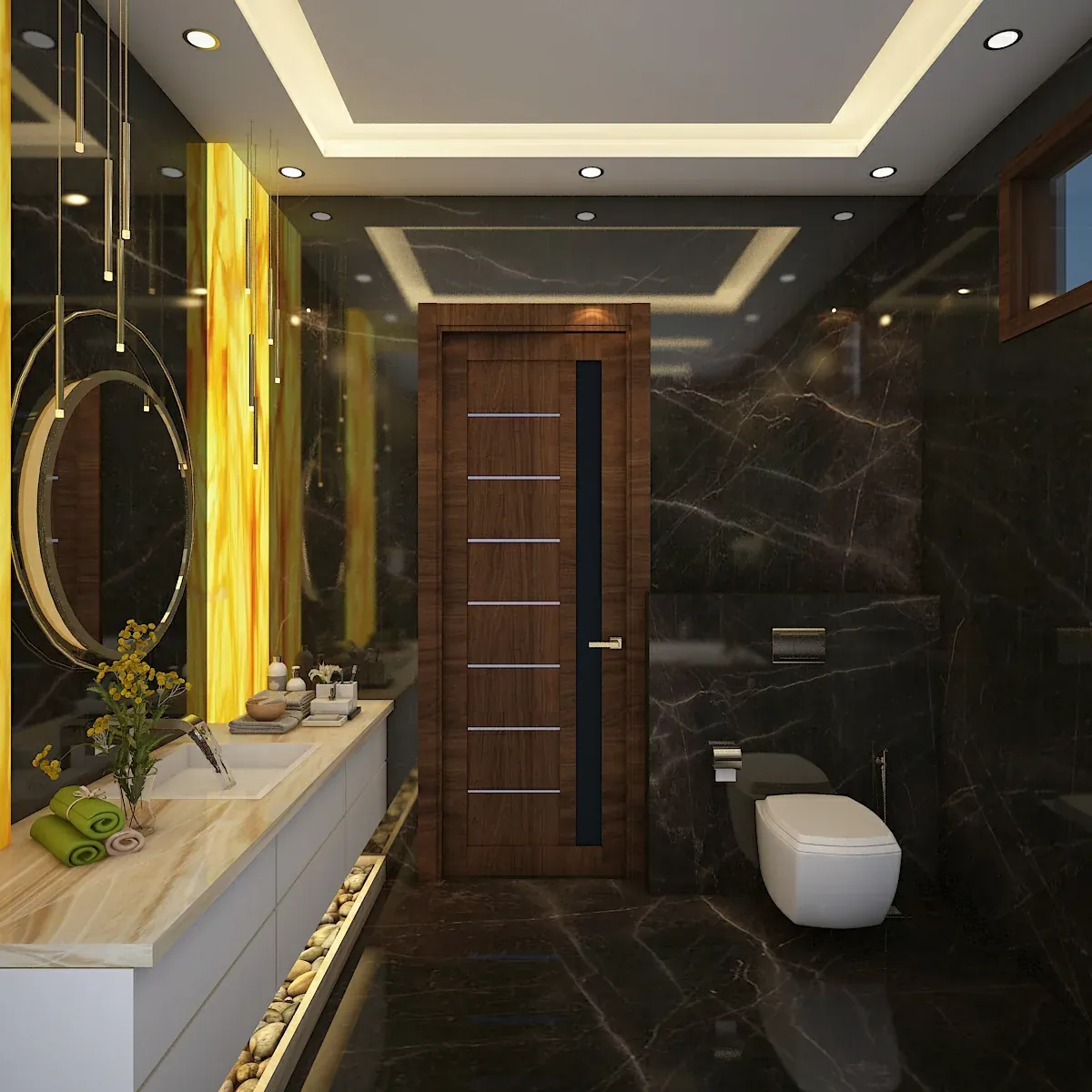Bathroom in black marble with a backlit onyx panel, a floating vanity and a wall-hung WC