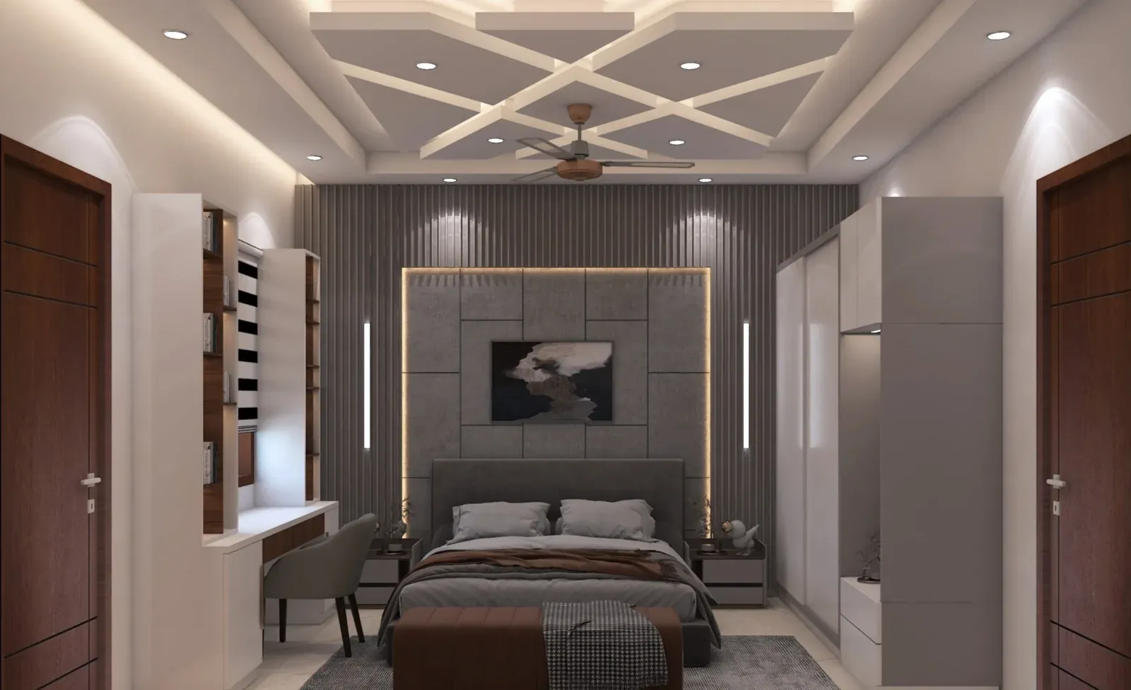 Bedroom with a grey panelled headboard wall, a criss-cross ceiling and a study desk