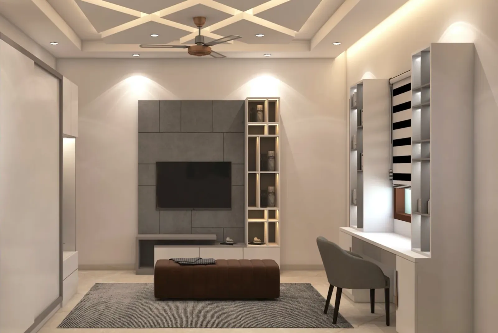 Bedroom TV unit in grey stone-look panels with open shelving, a study desk and an upholstered bench