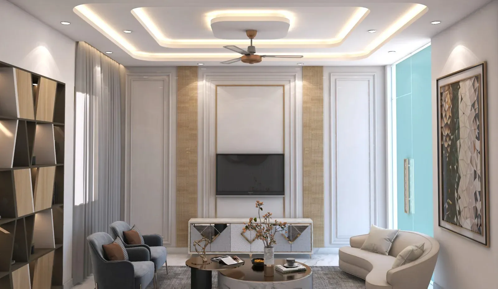 Drawing room with a wall-mounted TV on a panelled wall, a cove-lit ceiling and curved lounge seating