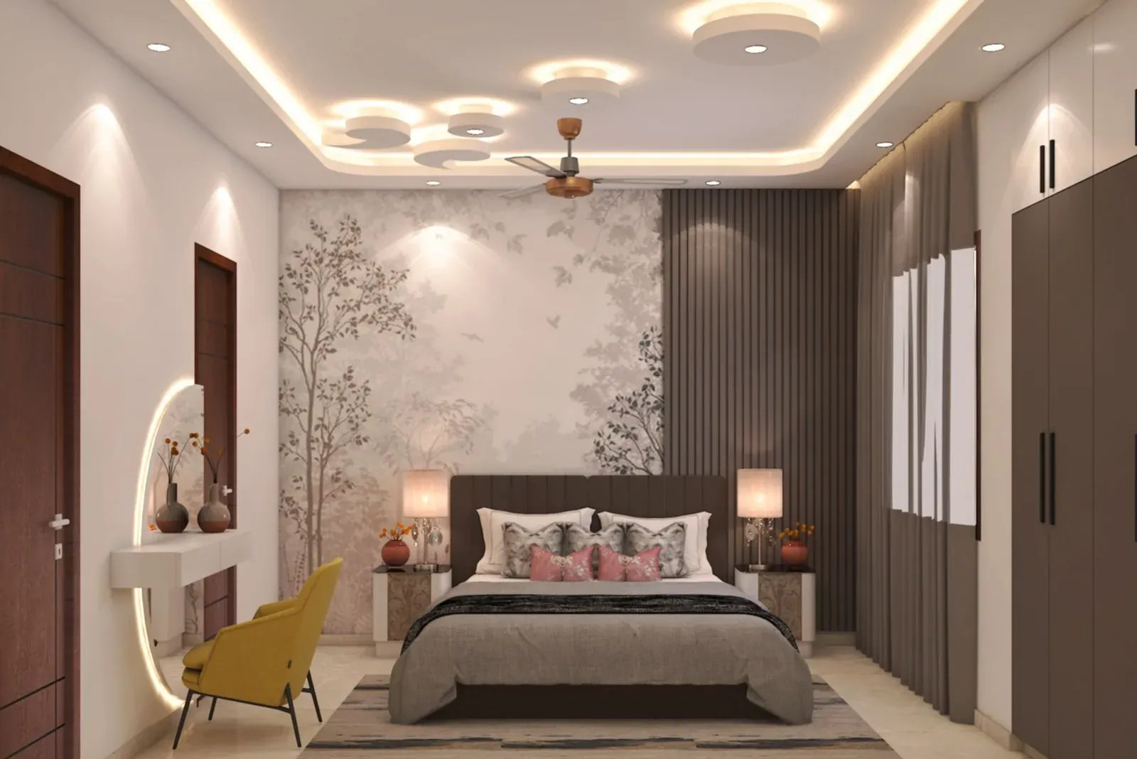 Guest bedroom with a botanical wallpaper wall, fluted panels and a backlit dressing niche