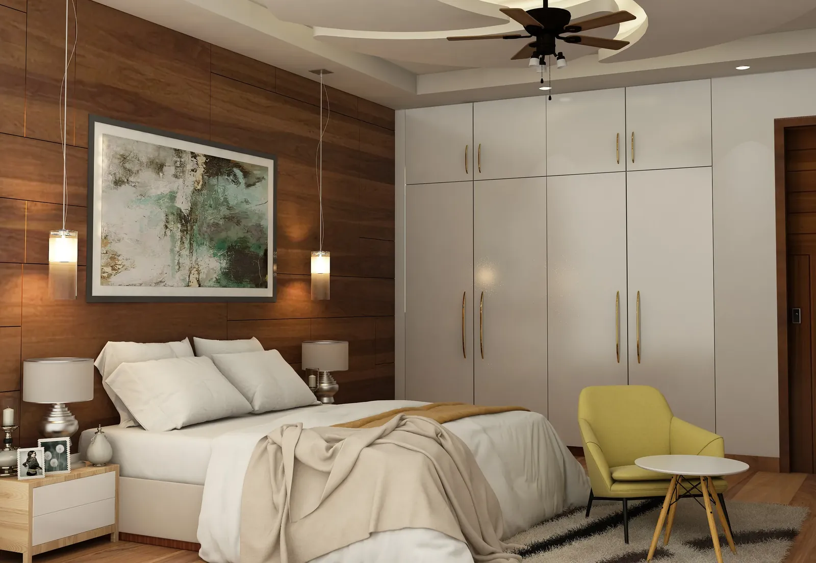 Bedroom with a wood-panelled wall, pendant lights, a white wardrobe run and a reading chair