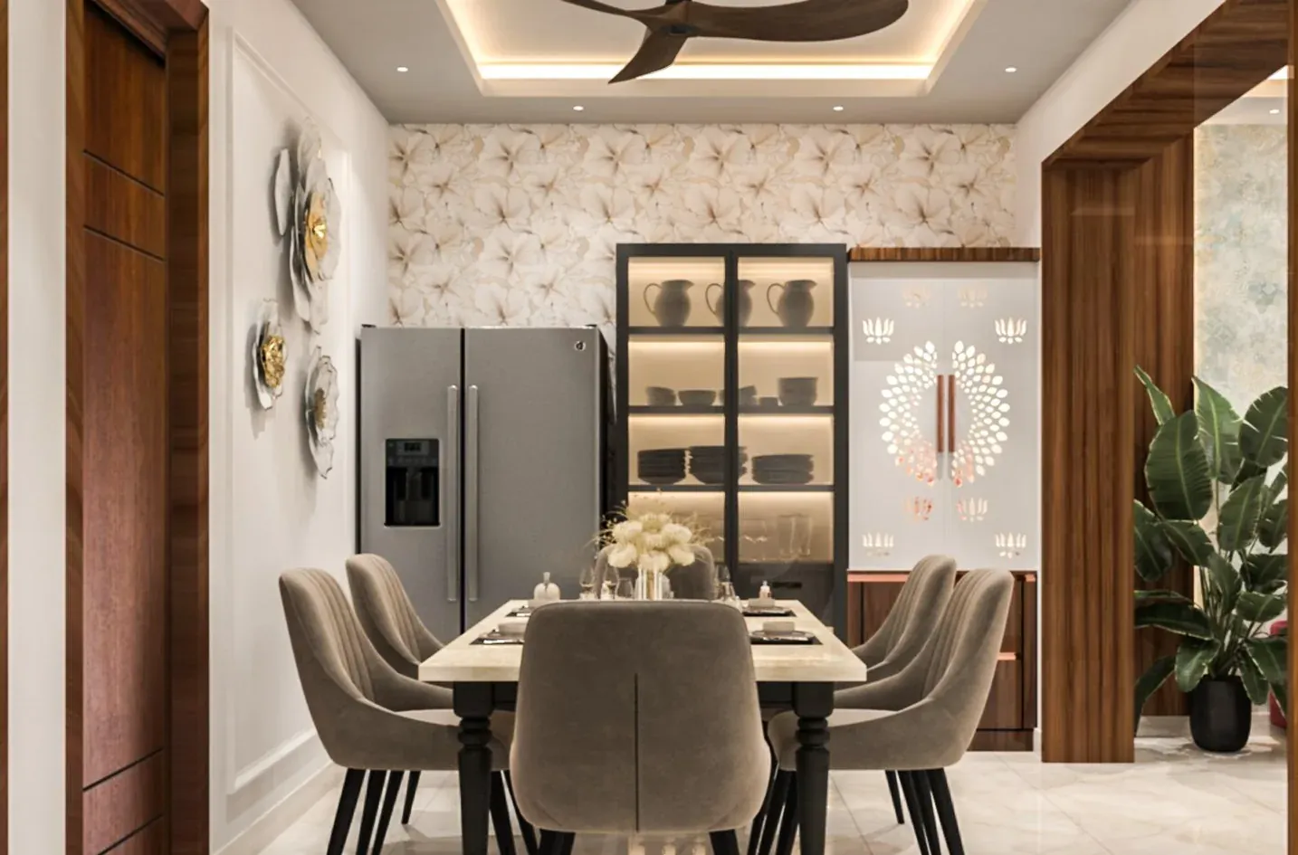 Six-seater dining table with upholstered chairs, a backlit crockery unit and a carved partition