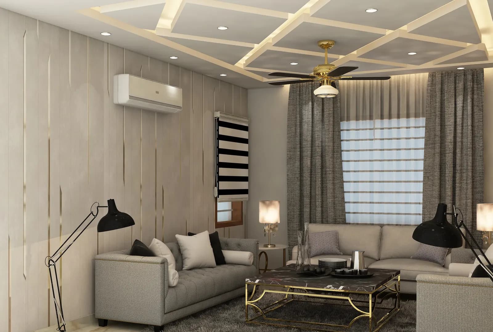 Drawing room with a grey L-shaped sofa, a lattice false ceiling, floor lamps and a brass coffee table