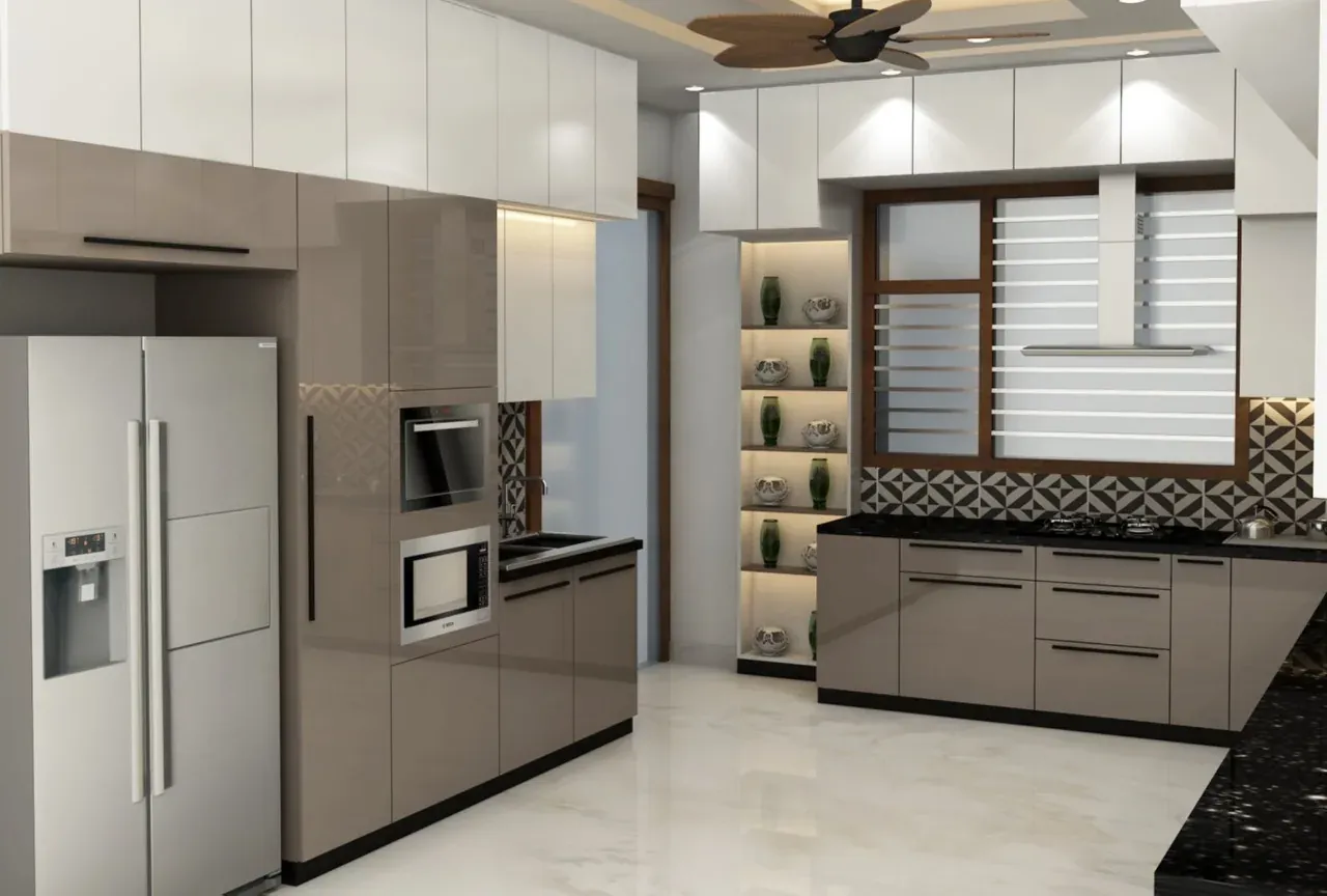 Modular kitchen in grey gloss with a tall appliance wall, lit niche shelving and a black granite counter