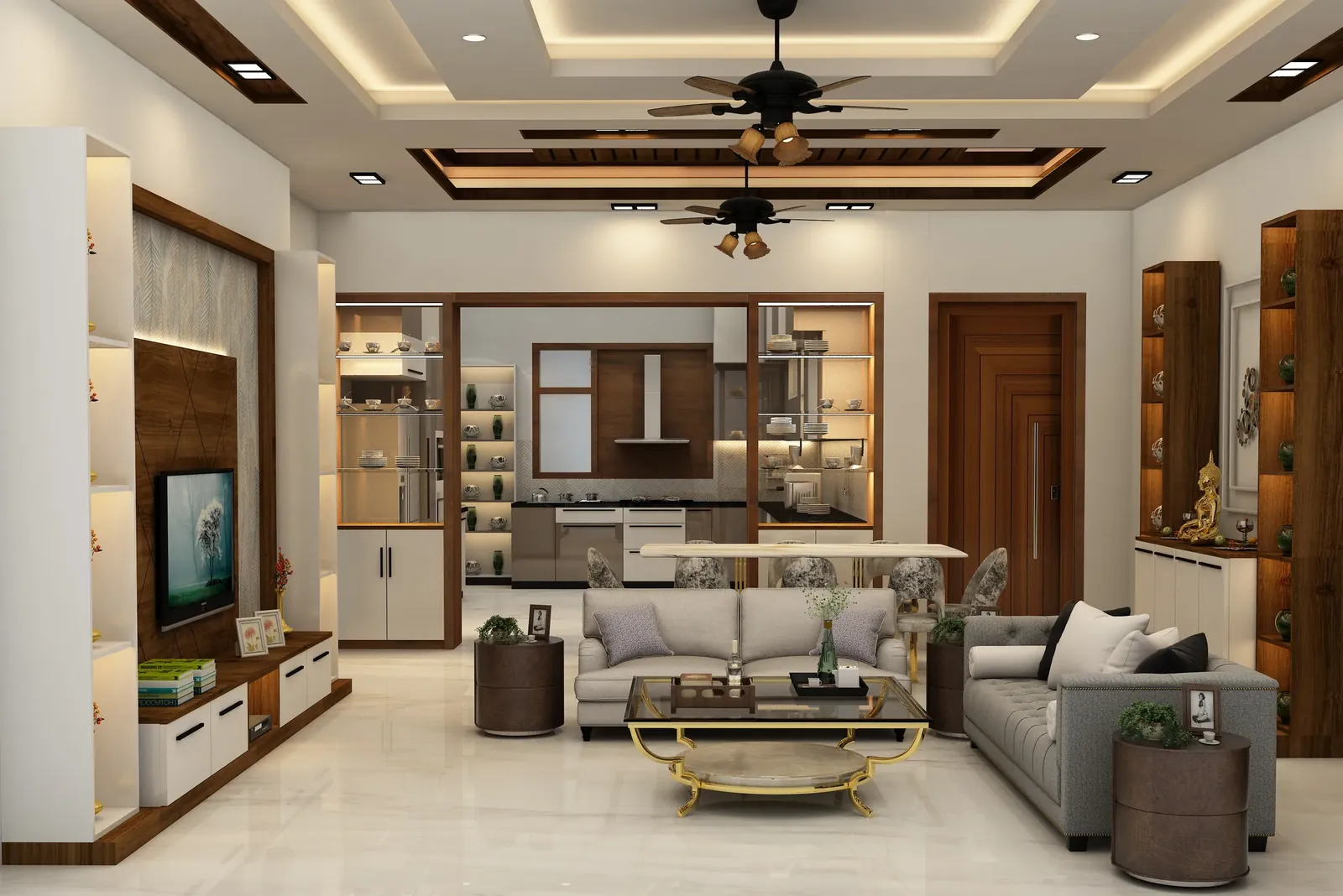Open-plan living and dining with a marble floor, a wood TV wall and a view through to the kitchen