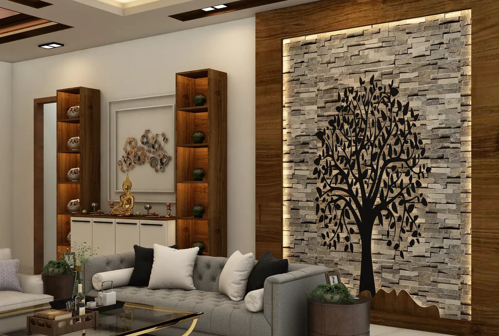 Living room with a stacked-stone feature wall carrying a tree motif, a grey tufted sofa and lit display shelves