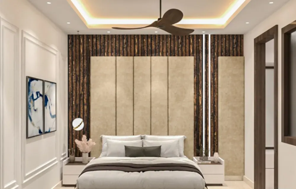 Master bedroom with a full-height upholstered headboard wall framed in textured wood strips