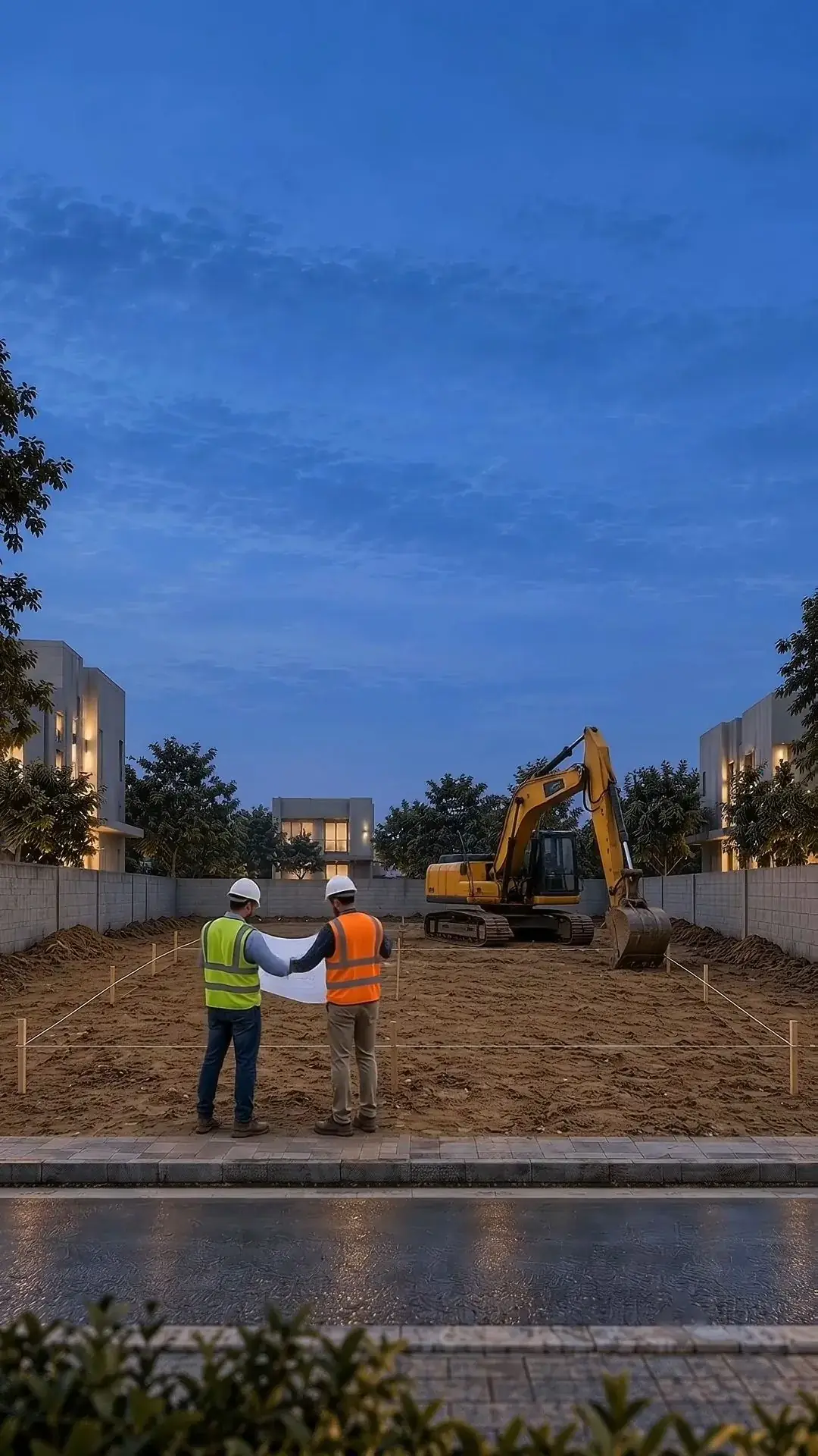 Excavator digging on a cleared plot while two site engineers review drawings