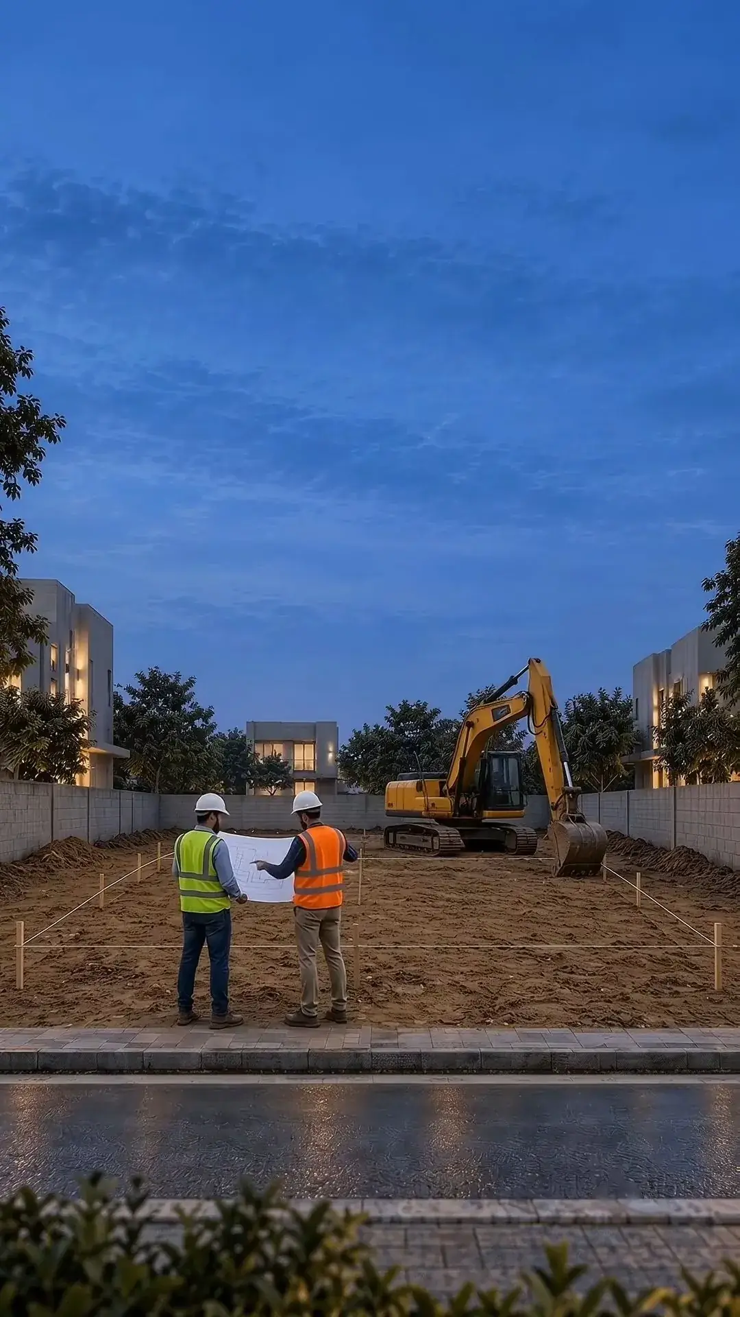 Engineers reviewing a site plan on an empty plot with excavation equipment at the start of a Faridabad construction project