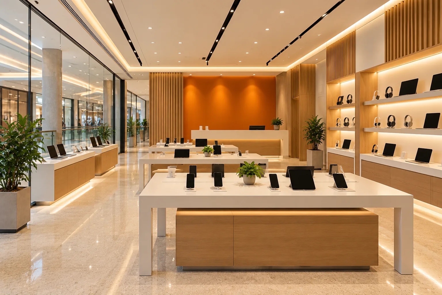 Retail showroom interior with white display tables, oak slatted walls and an orange accent wall