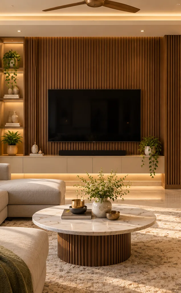 Living room with a fluted walnut TV wall, a backlit pooja niche behind a jali screen and a cream L-shaped sofa
