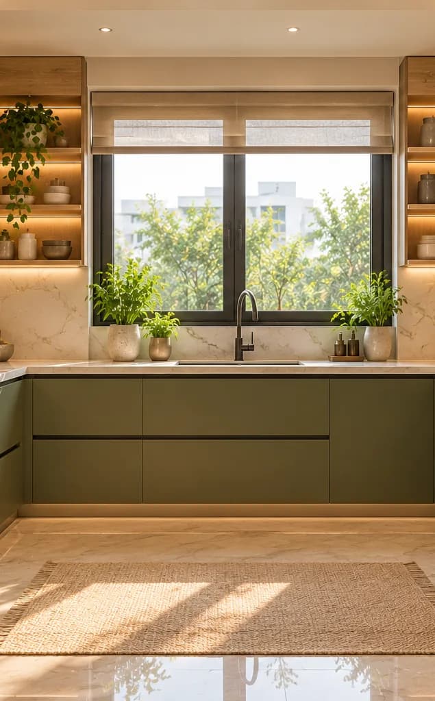 U-shaped modular kitchen with olive green base cabinets, light oak uppers and open shelves around a window