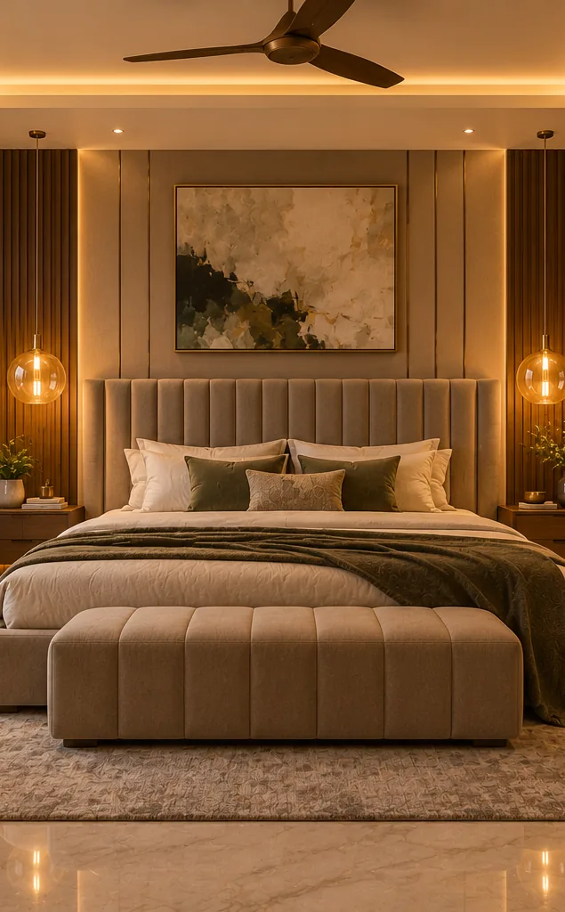 Master bedroom with a padded headboard wall, a cove-lit ceiling and full-height wardrobes with bronze glass shutters