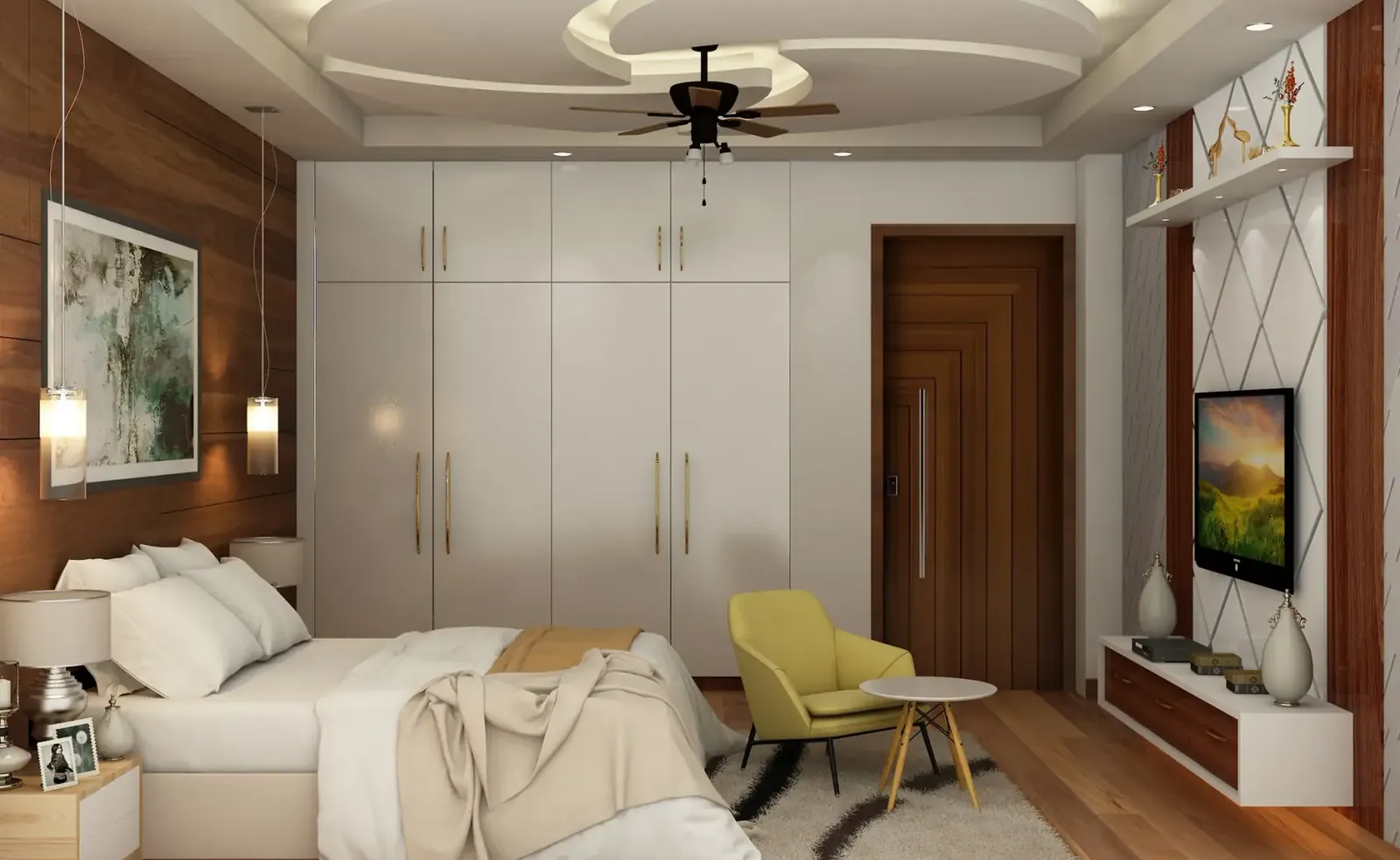 Bedroom with a walnut-clad wall, framed art above the bed and a white wardrobe run