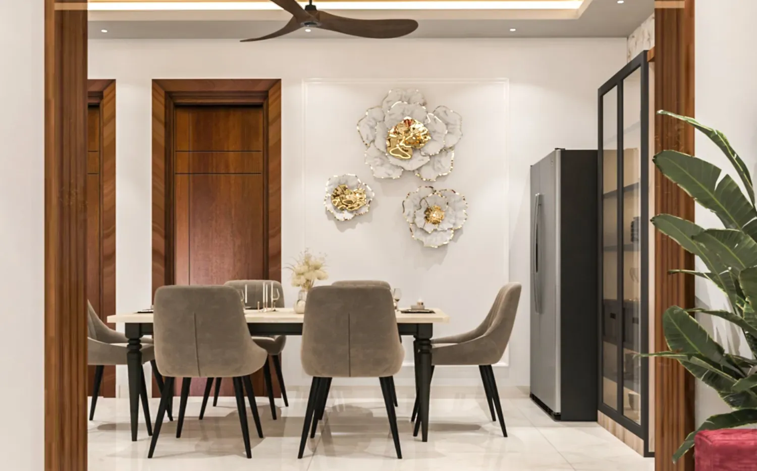Six-seater dining area under a sculpted floral art wall, beside a black-framed glass partition