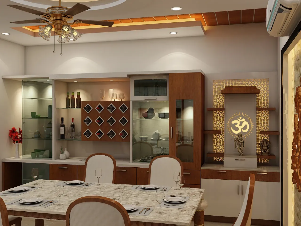 Dining area with a marble table, a crockery and bar unit and a backlit pooja niche