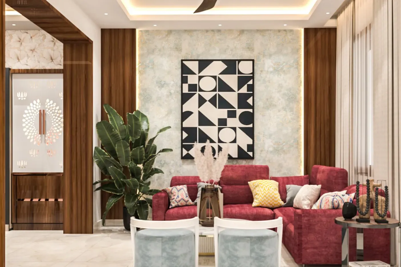 Drawing room with a maroon sofa, geometric wall art, a marble feature panel and two tub chairs