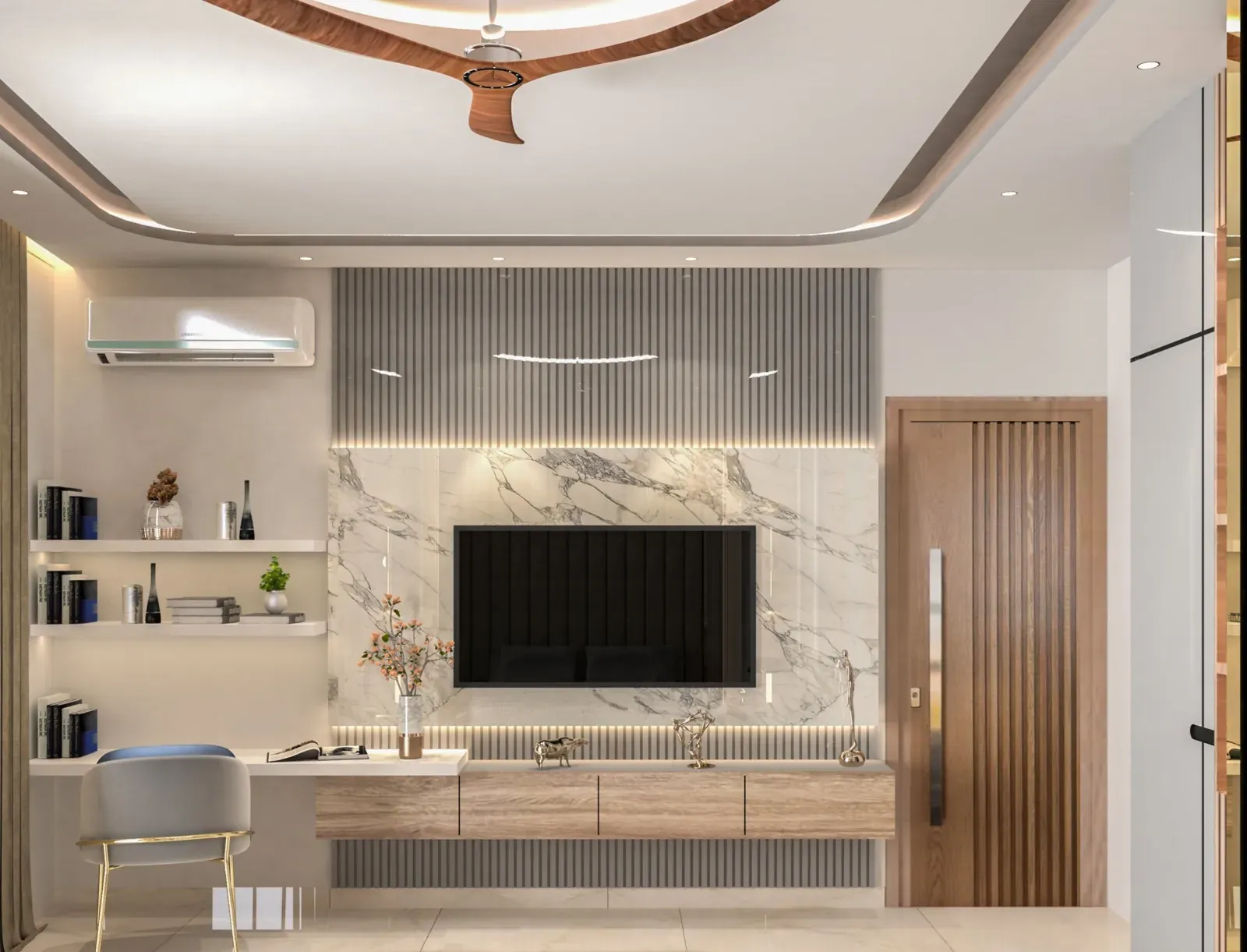 Master bedroom TV wall in white marble with a study desk, open shelves and a fluted panel