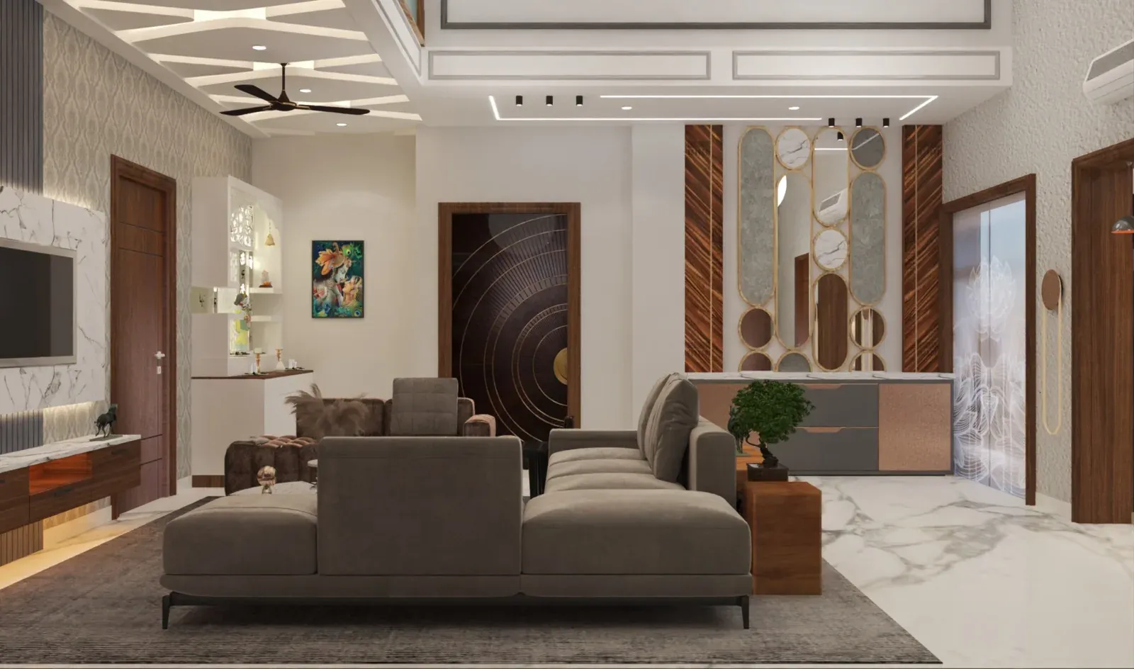 Living room with a large sectional sofa, a statement door and a mirrored bar console
